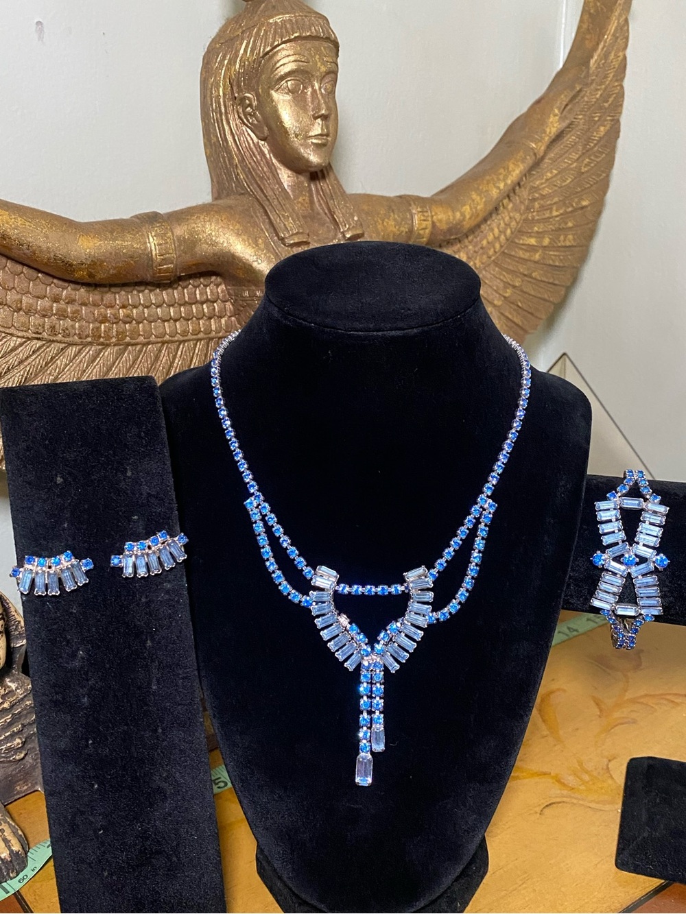 Vintage Blue Crystal Statement Necklace and Earring Set